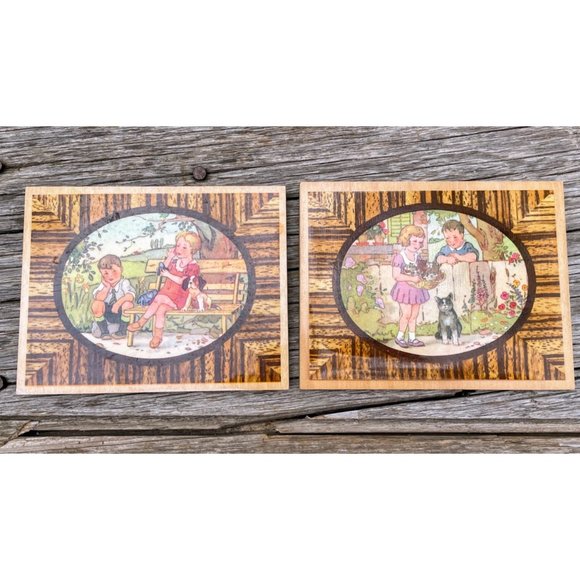 Vintage Wood Plaques Children With Puppy and Kittens - Picture 1 of 10
